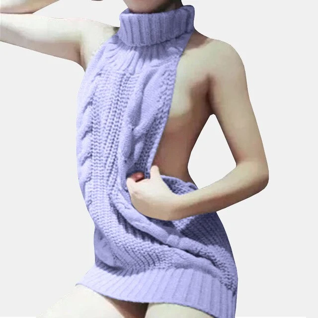 Women's Backless Turtleneck Sleeveless Sweater Dress Knitted Virgin Killer Lace Up Jersey Female 2020 Summer Sexy Club Pullover