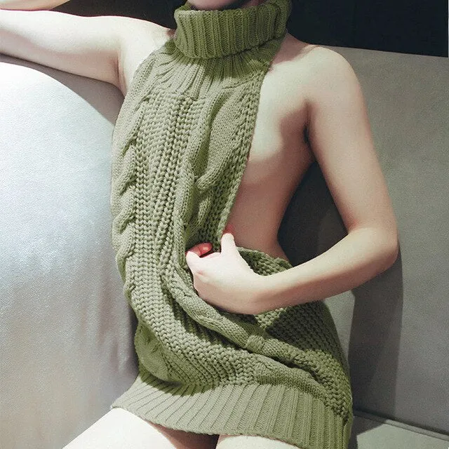 Women's Backless Turtleneck Sleeveless Sweater Dress Knitted Virgin Killer Lace Up Jersey Female 2020 Summer Sexy Club Pullover