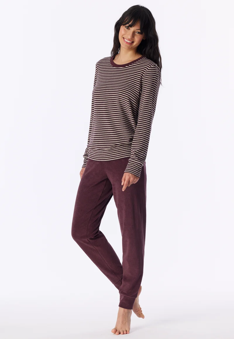 Schlafanzug lang mit Bündchen Bordeaux/Weiss gestreift - Casual Essentials