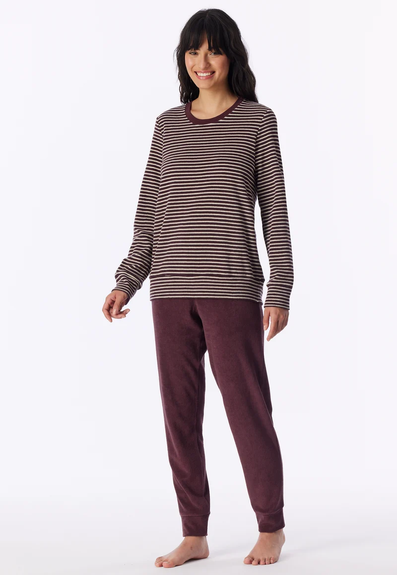 Schlafanzug lang mit Bündchen Bordeaux/Weiss gestreift - Casual Essentials