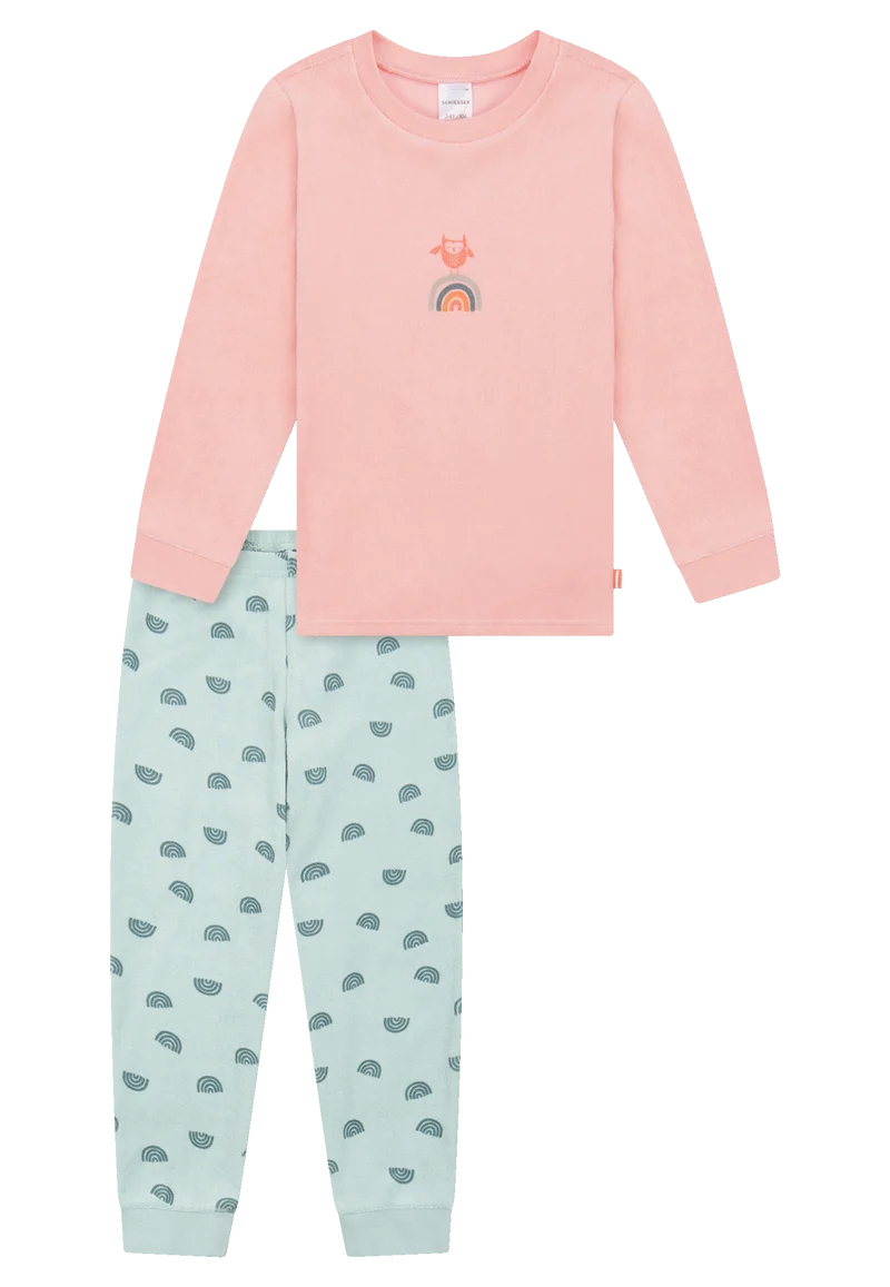 Schlafanzug lang Frottee Bündchen Regenbogen koralle - Nightwear