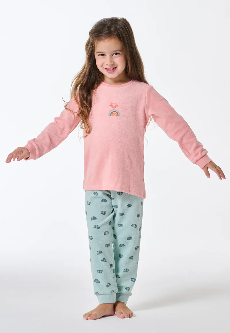 Schlafanzug lang Frottee Bündchen Regenbogen koralle - Nightwear