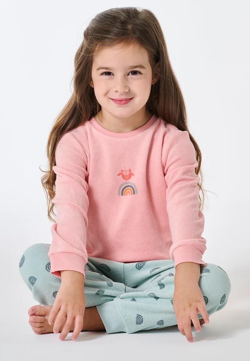 Schlafanzug lang Frottee Bündchen Regenbogen koralle - Nightwear