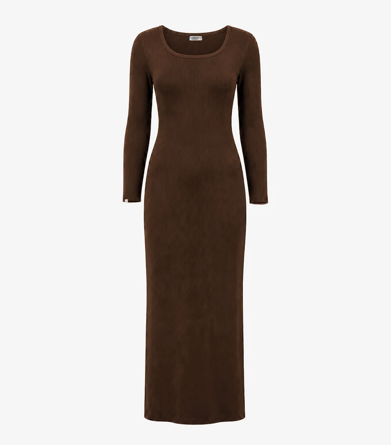 Robe Longue Côtelée Femme Marron