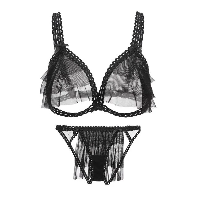 Sexy Bra and Thongs Pajamas Lingerie Set Women Lace Ruffles Transparent Applique Intimates Women Underwear Set See Through Bra