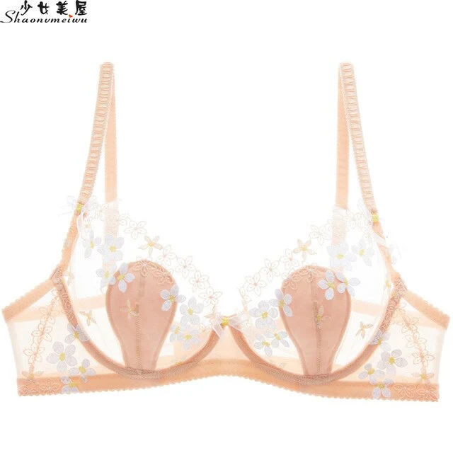 shaonvmeiwu Ultra-thin glass transparent mesh underwear sexy embroidery bra perspective temptation bra thin women