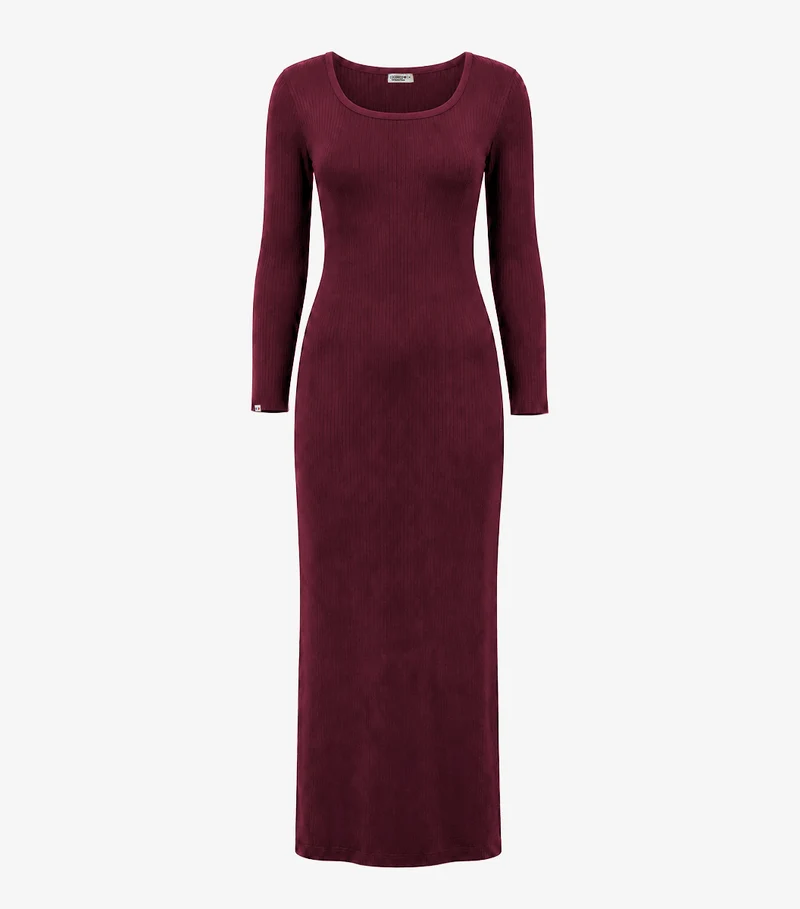 Robe Longue Côtelée Femme Bordeaux