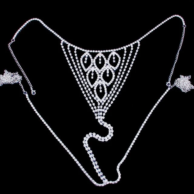 Stonefans Sexy Body Jewelry Rhinestone Harness Body Chain for Women Crystal Mesh Bra and Panties Underwear Set Valentine Gift