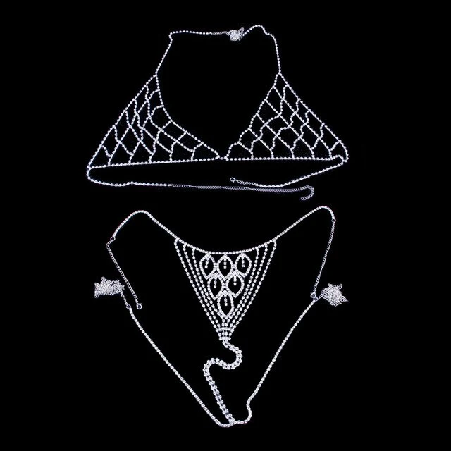 Stonefans Sexy Body Jewelry Rhinestone Harness Body Chain for Women Crystal Mesh Bra and Panties Underwear Set Valentine Gift