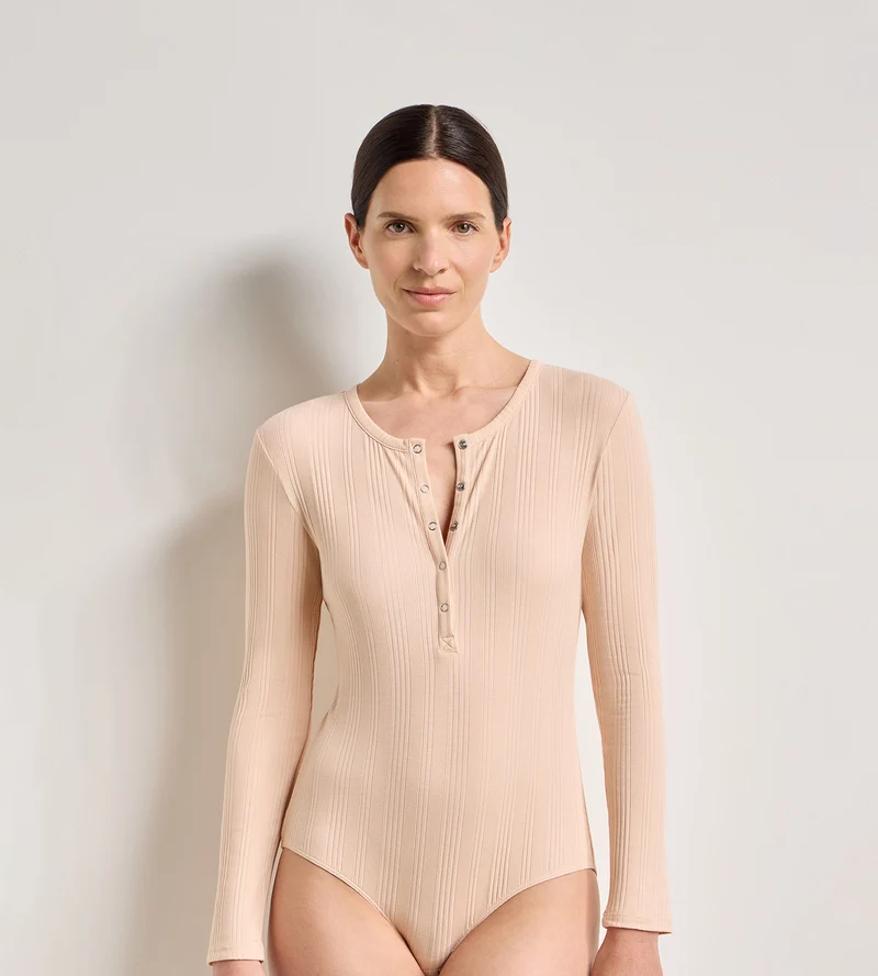 T-shirt femme manches longues jersey côtelé fin skin rose Dim x Ines de la Fressange