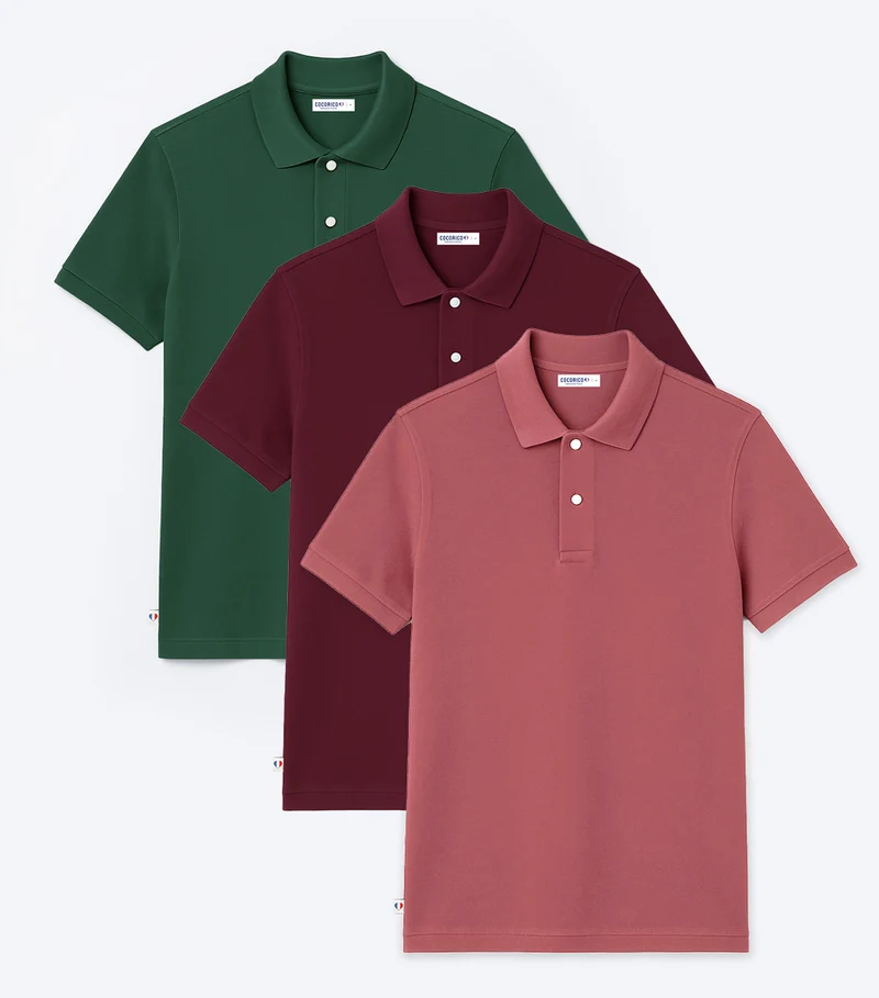 Polo Homme x3 - Pack Bordeaux/Sapin/Rose