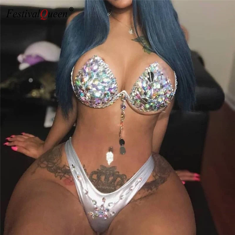 Shiny Rhinestones Bra Brief Set Women Halter Bra Sexy Panty Two Piece Set 2019 Summer Beach Outfits Rave Festival Lingerie Sets
