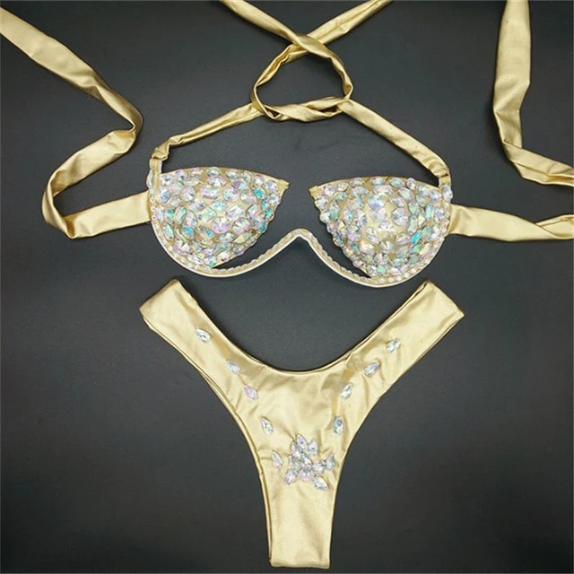Shiny Rhinestones Bra Brief Set Women Halter Bra Sexy Panty Two Piece Set 2019 Summer Beach Outfits Rave Festival Lingerie Sets