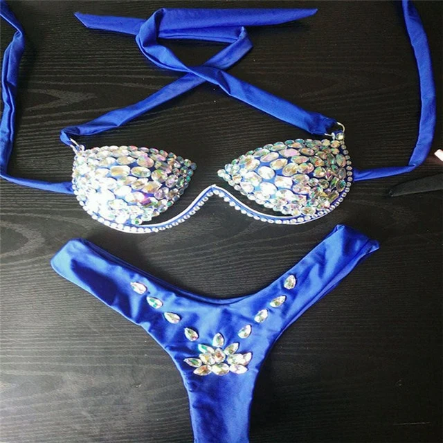 Shiny Rhinestones Bra Brief Set Women Halter Bra Sexy Panty Two Piece Set 2019 Summer Beach Outfits Rave Festival Lingerie Sets