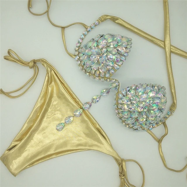 Shiny Rhinestones Bra Brief Set Women Halter Bra Sexy Panty Two Piece Set 2019 Summer Beach Outfits Rave Festival Lingerie Sets