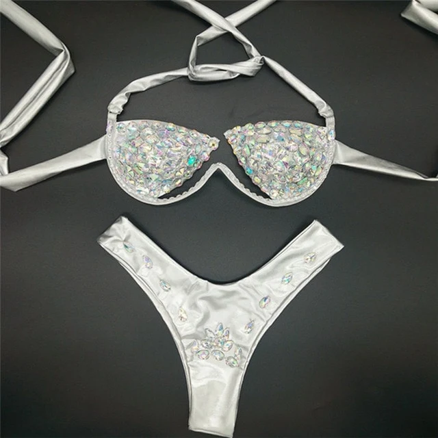 Shiny Rhinestones Bra Brief Set Women Halter Bra Sexy Panty Two Piece Set 2019 Summer Beach Outfits Rave Festival Lingerie Sets