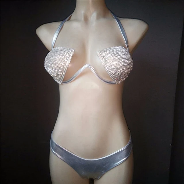 Shiny Rhinestones Bra Brief Set Women Halter Bra Sexy Panty Two Piece Set 2019 Summer Beach Outfits Rave Festival Lingerie Sets