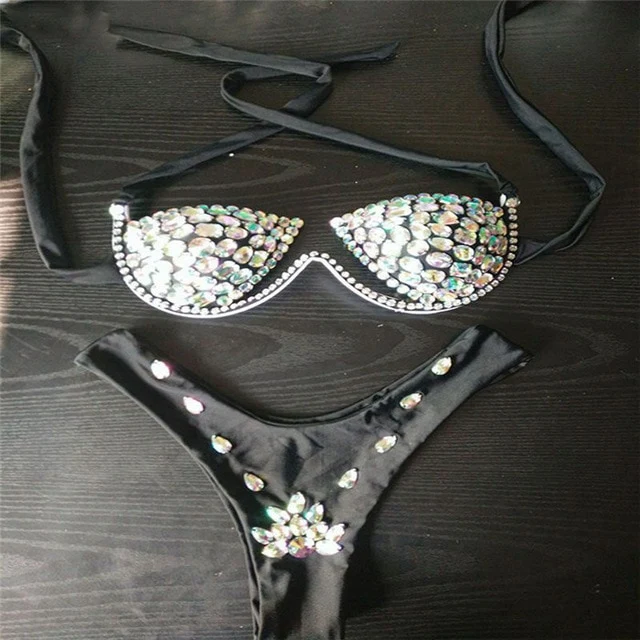 Shiny Rhinestones Bra Brief Set Women Halter Bra Sexy Panty Two Piece Set 2019 Summer Beach Outfits Rave Festival Lingerie Sets