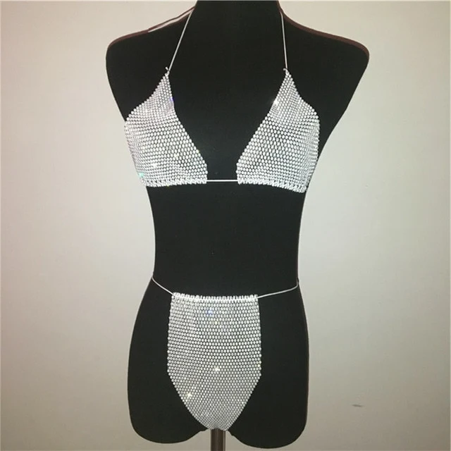 Bling Rhinestones Bra Panty Set Women Sexy Halter Bra Sexy Panty Two Piece Set Summer Beach Outfits Party Club Matching Sets