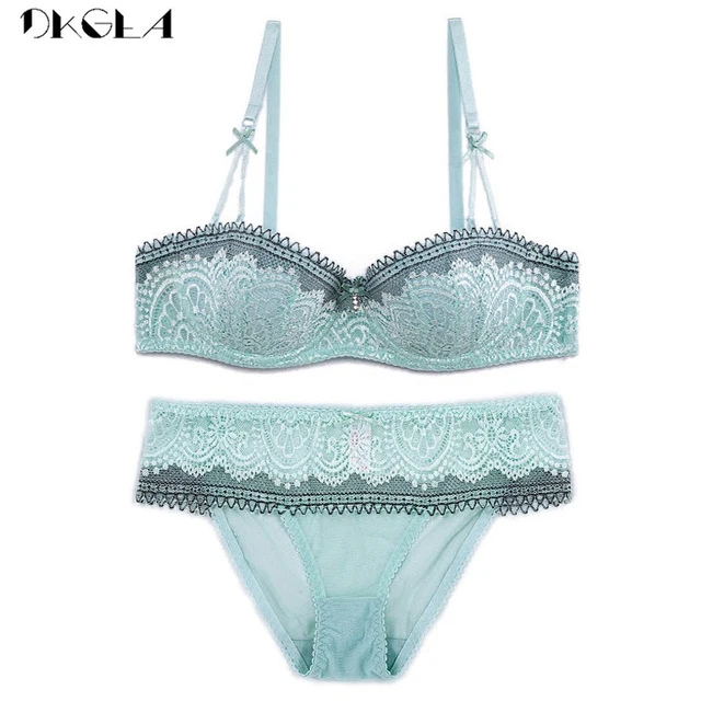 Fashion Black Bra Set Half Cup Plunge Thin Brassiere Women Bras Sexy Underwear Sets Cotton Embroidery Lace Lingerie Set Green