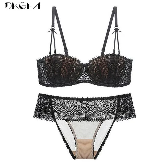 Fashion Black Bra Set Half Cup Plunge Thin Brassiere Women Bras Sexy Underwear Sets Cotton Embroidery Lace Lingerie Set Green