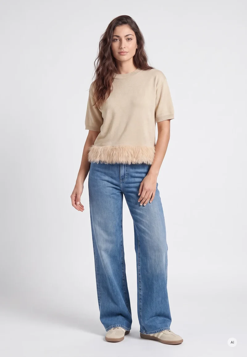 Pull à ourlet en fausse fourrure