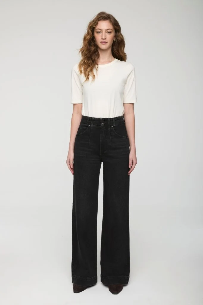 Jeans jambe large taille haute à double bouton Lana