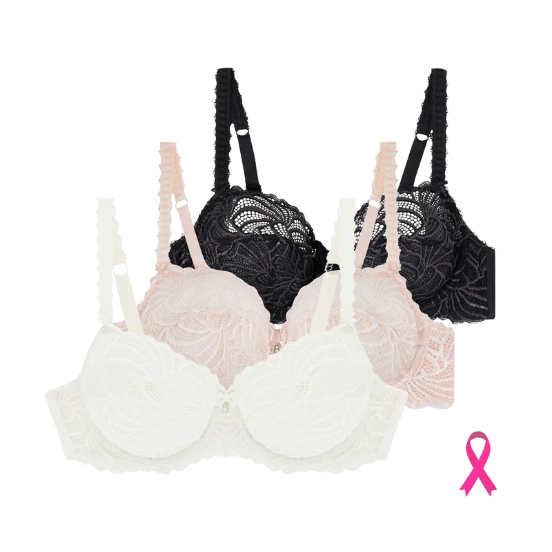 Lot de trois soutiens-gorge emboîtants ivoire noir et rose poudré Pampelune