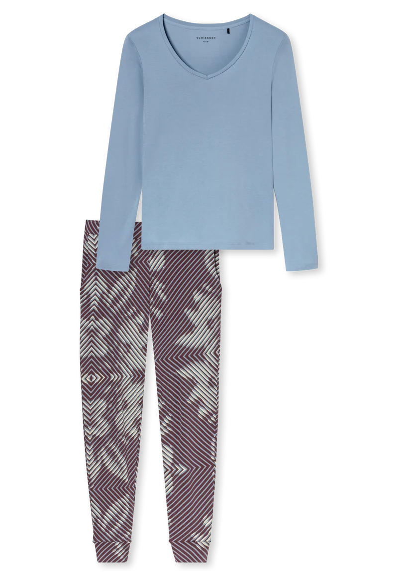 Schlafanzug mit Bündchen Blau gemustert - Modern Nightwear