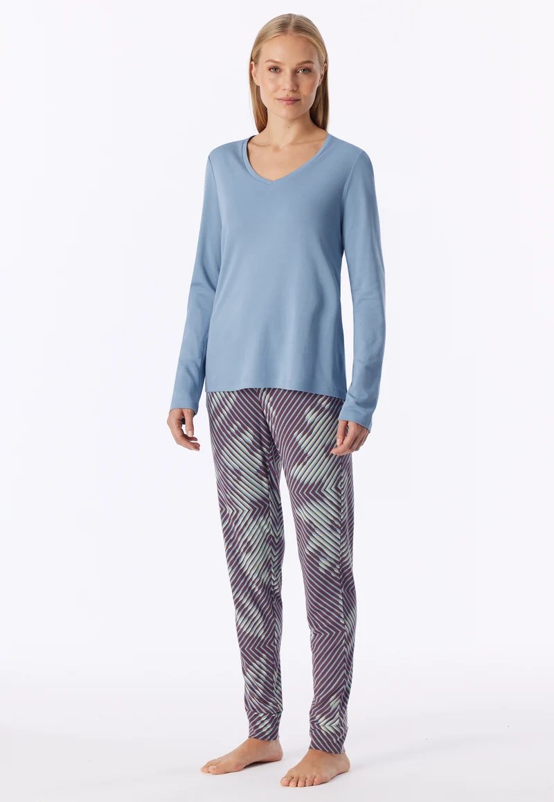 Schlafanzug mit Bündchen Blau gemustert - Modern Nightwear