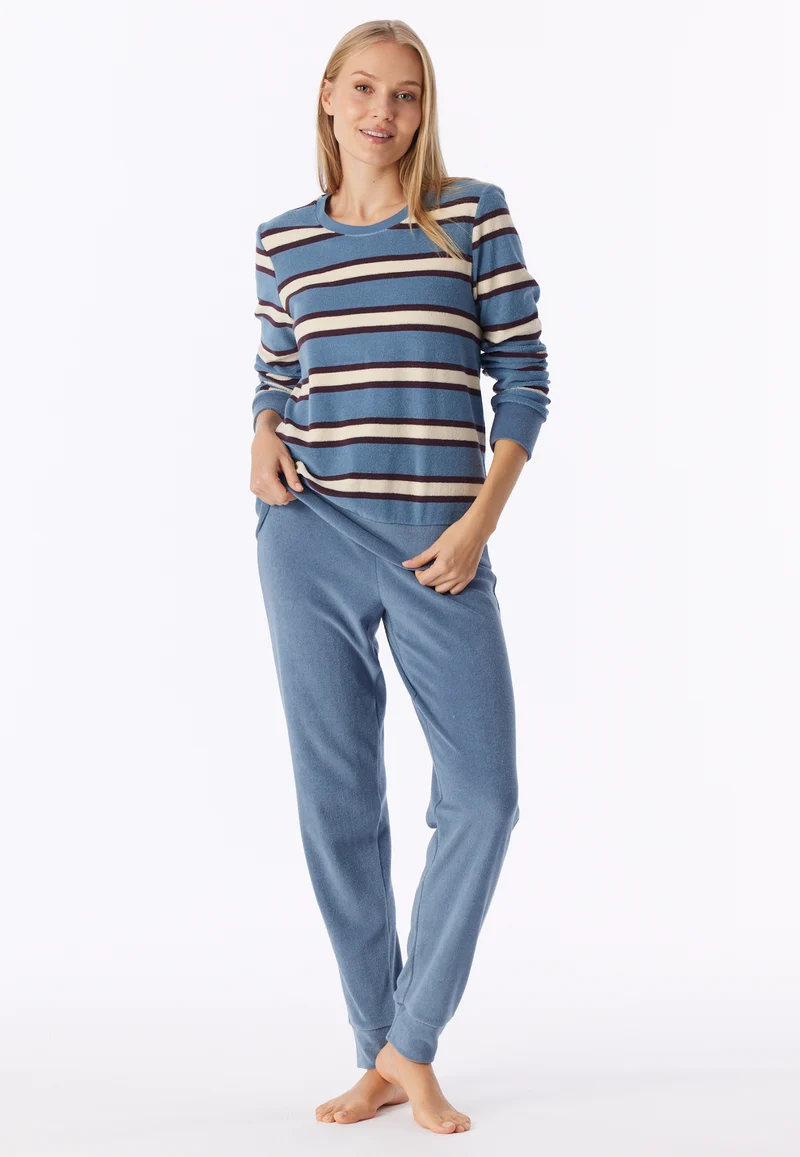 Schlafanzug lang mit Bündchen Blau/Weiss gestreift - Casual Essentials