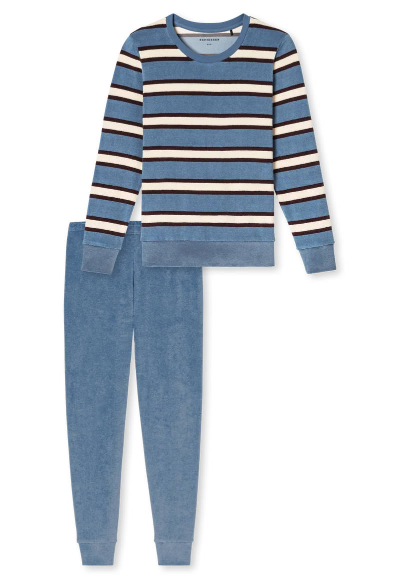Schlafanzug lang mit Bündchen Blau/Weiss gestreift - Casual Essentials