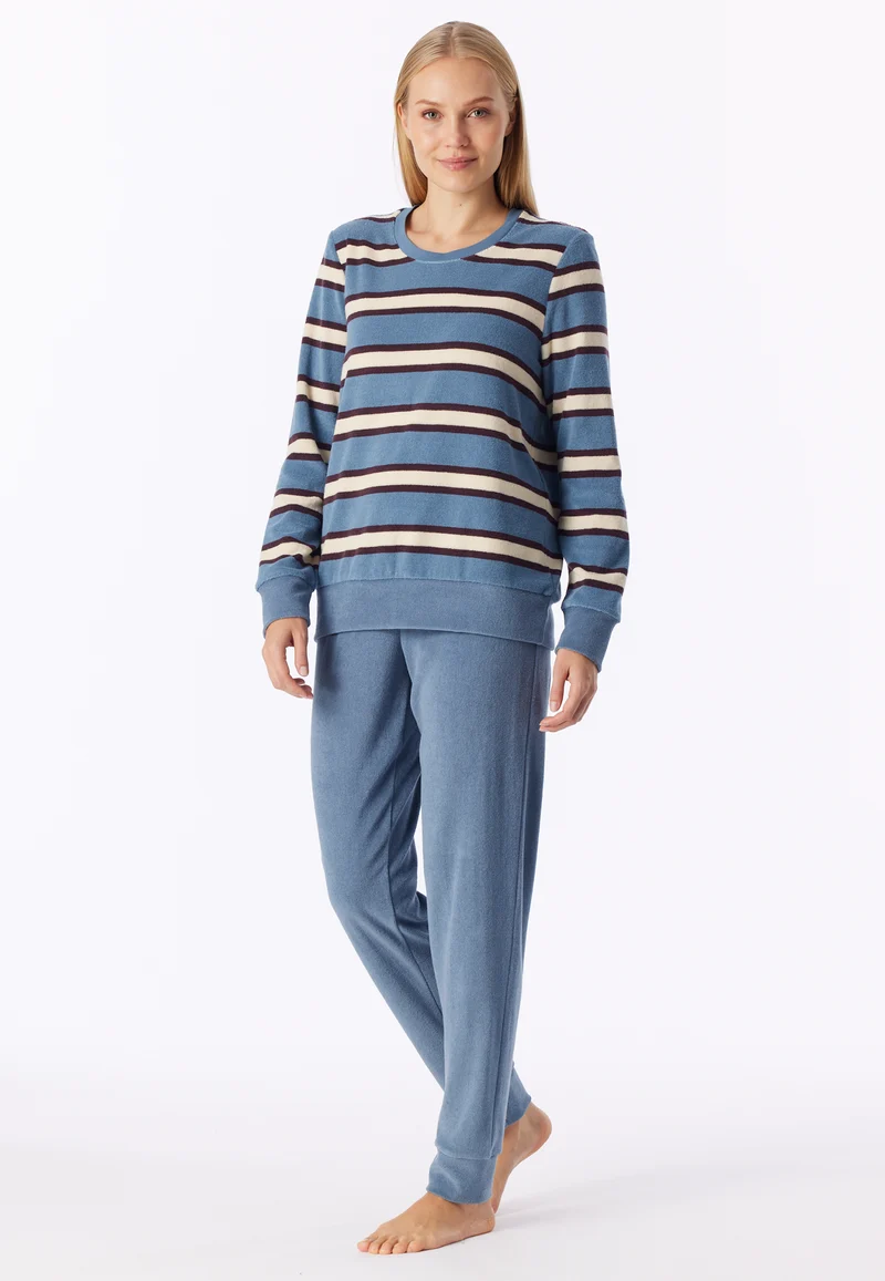 Schlafanzug lang mit Bündchen Blau/Weiss gestreift - Casual Essentials