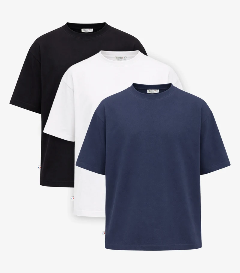 T-shirt Oversize Homme x3 - Pack Blanc/Noir/Bleu Jean