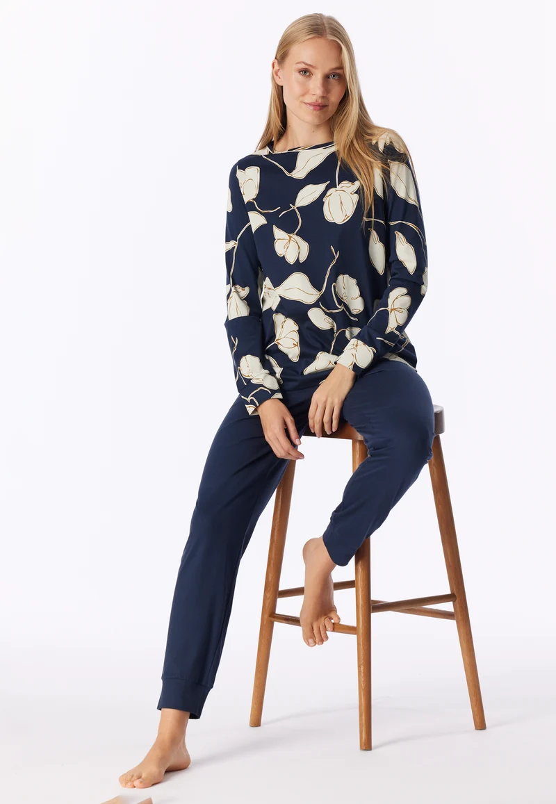 Schlafanzug mit Bündchen Dunkelblau gemustert - Comfort Nightwear