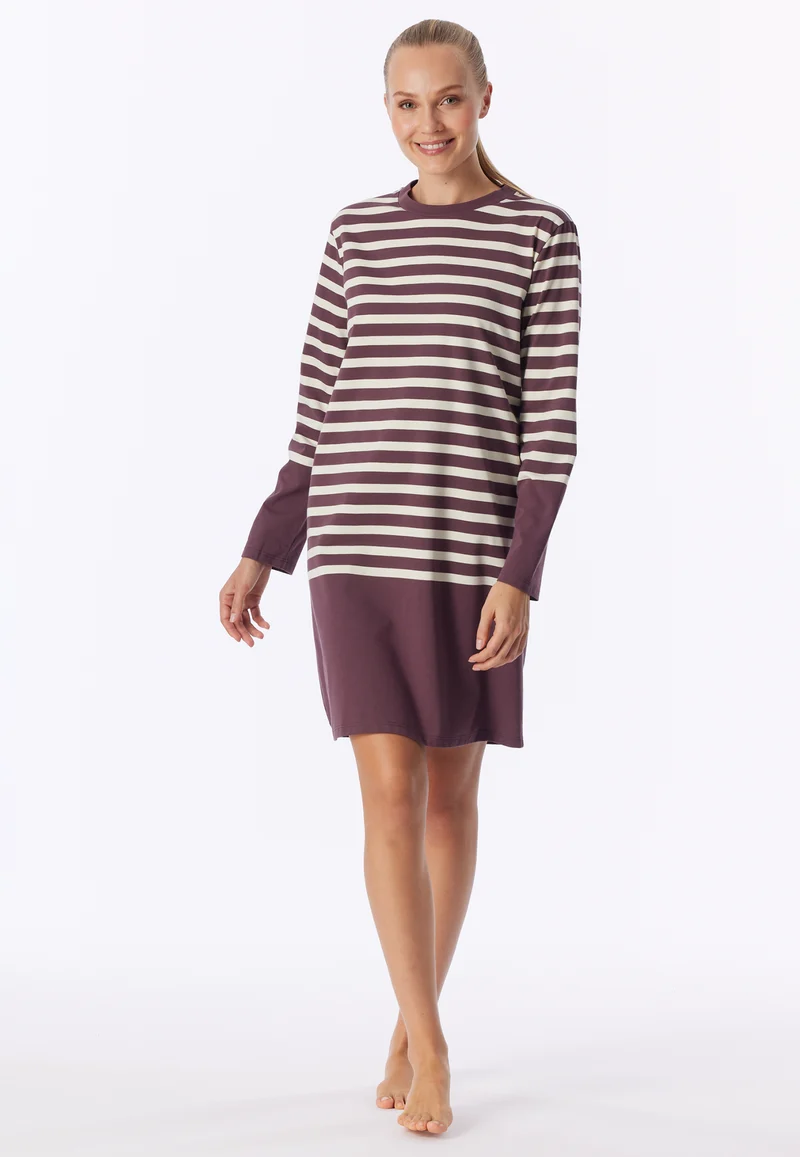 Nachthemd langarm Bordeaux/Weiss gestreift - Casual Nightwear