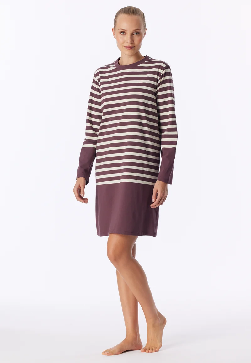 Nachthemd langarm Bordeaux/Weiss gestreift - Casual Nightwear